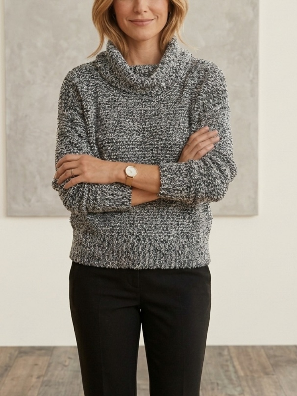 Eileen Fisher Cashmere Cotton Marled Turtleneck Sweater Black White -XS